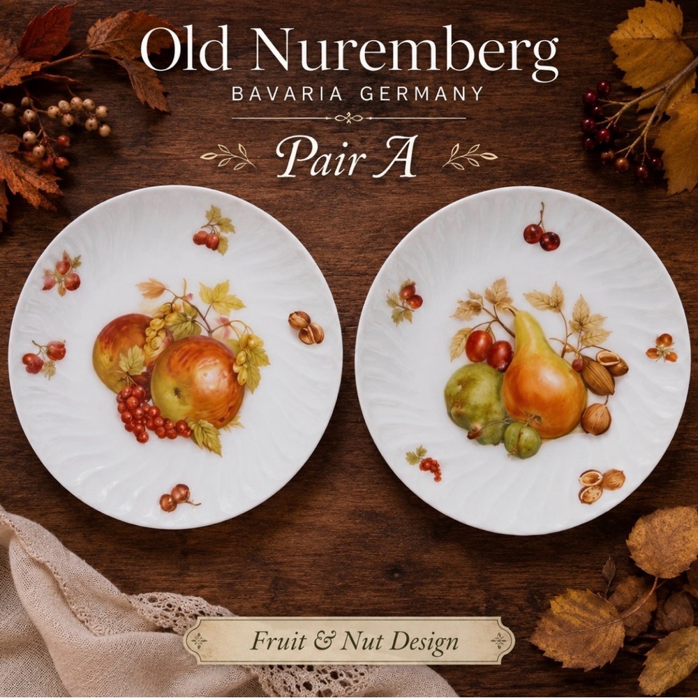 Vintage Old Nuremberg Bavaria Germany Fruit Nut Porcelain Plates Apples Pears